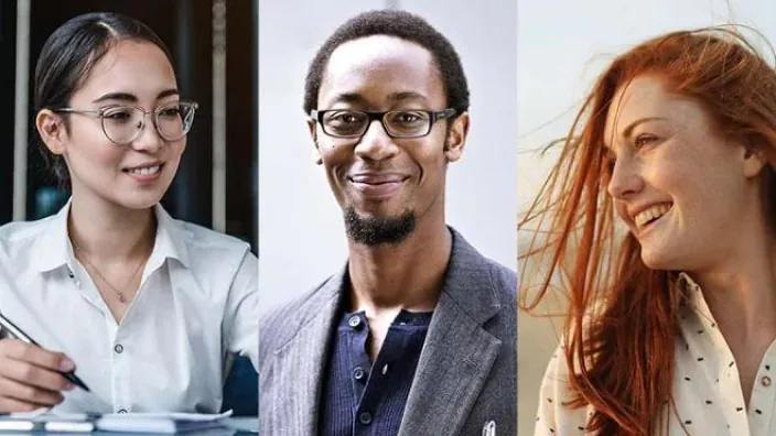 Collage de tres jóvenes de diversas etnias: una mujer asiática, un hombre negro con gafas y una mujer pelirroja.
