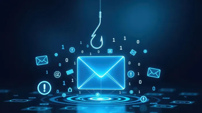 Anzuelo atrapando un email digital sobre fondo de código binario, representando phishing y ciberseguridad.