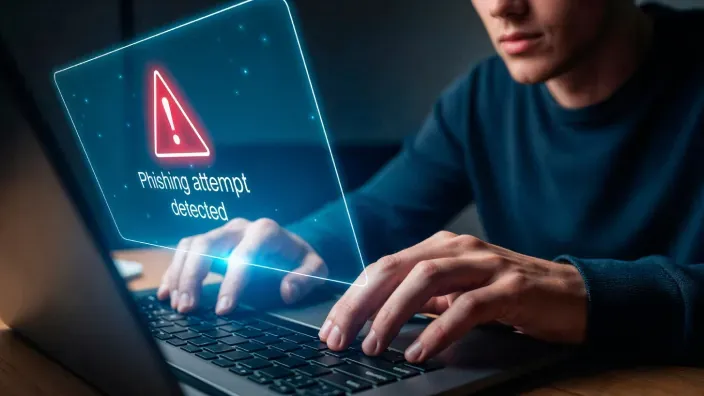Usuario frente a un portátil con alerta de phishing detectado y riesgo de ciberestafa online.