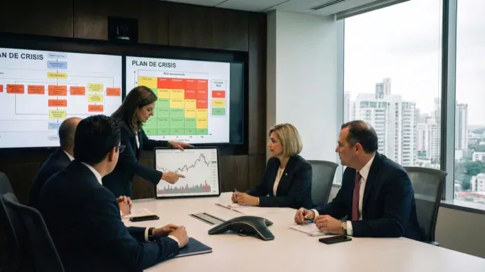 Comité de crisis empresarial analizando planes y gráficos de riesgo en una sala de reuniones.