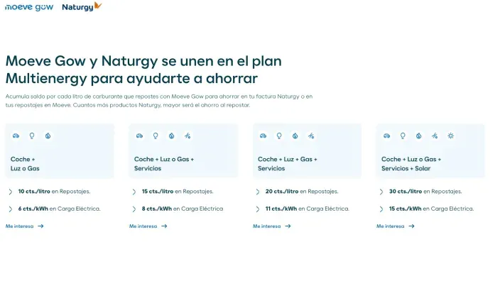 Detalle del plan Multienergy de Moeve y Naturgy con opciones de coche, luz, gas, servicios y solar para ahorrar en energía