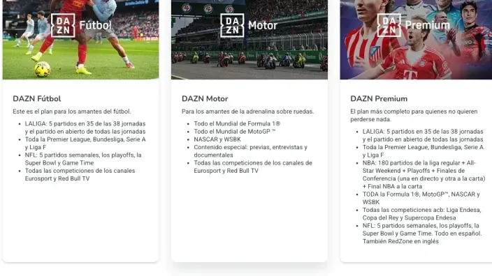 Pantalla con los planes de suscripción de DAZN para fútbol, motor y premium