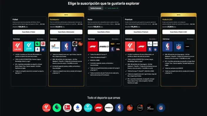 Planes de suscripción de deportes DAZN. Elige entre los paquetes de Fútbol, Baloncesto, Motor, Premium y Made in USA.