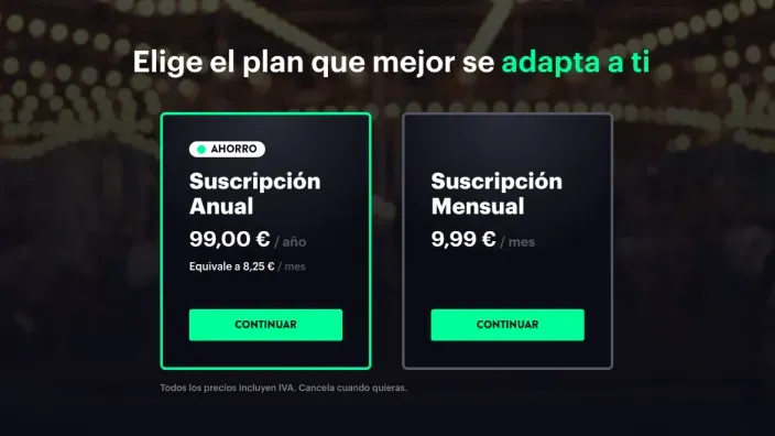 Planes de precios de la plataforma de streaming Filmin, con la opción de suscripción anual por 99€ o mensual por 9,99€.