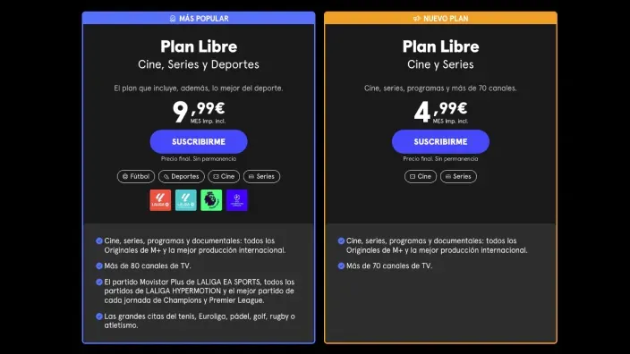 Tabla comparativa de dos modalidades del Plan Libre de Movistar Plus con precios y contenidos incluidos