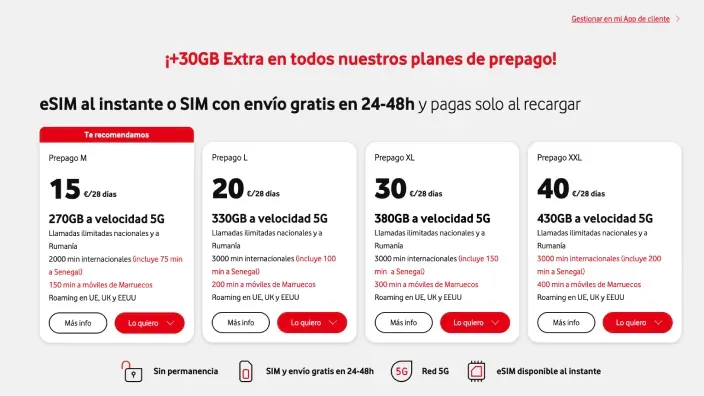 Tarifas prepago de Vodafone con gigas extra velocidad 5G y llamadas internacionales para contratar online.