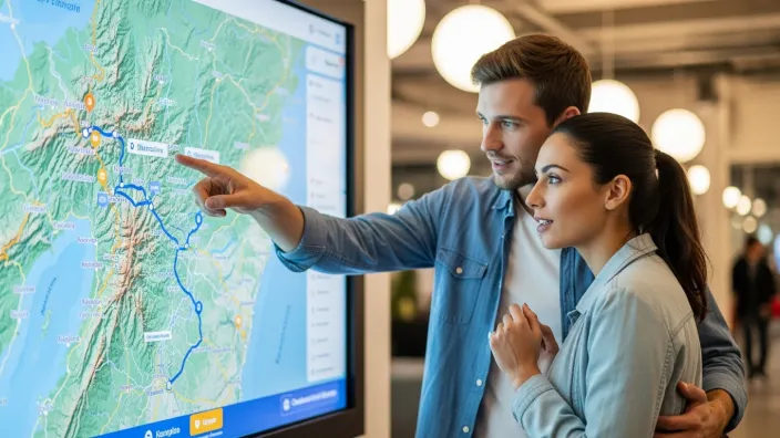 Pareja joven planificando su ruta de viaje en un gran mapa digital interactivo en una estación.