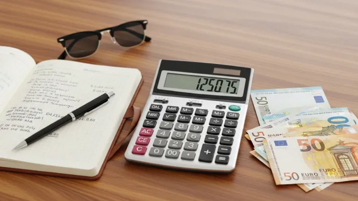 Calculadora, libreta y billetes de euro sobre una mesa, simbolizando la planificación de un presupuesto.