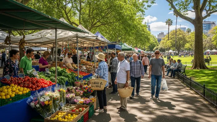 Gente paseando y comprando en un mercado de agricultores al aire libre en un día soleado.