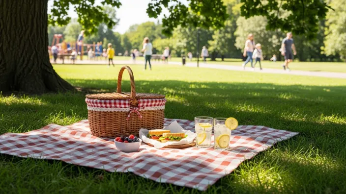 Cesta de picnic y comida sobre un mantel en el césped de un parque en un día soleado de verano.