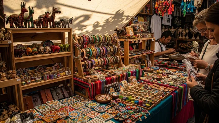 Turistas comprando en un puesto de artesanía en un mercado local lleno de productos coloridos.