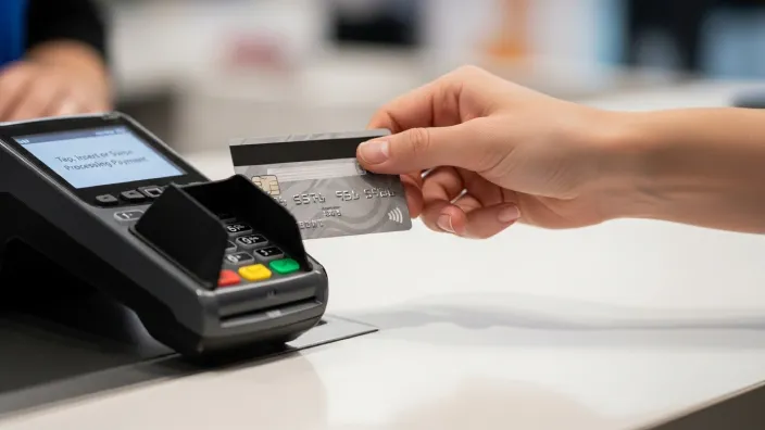 Persona realizando un pago contactless con tarjeta de crédito en un terminal TPV de una tienda.