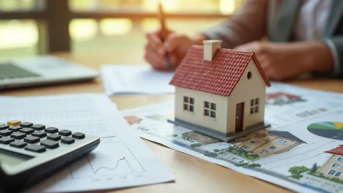Persona calculando la hipoteca o los gastos de compra de una vivienda con una calculadora y planos sobre la mesa.