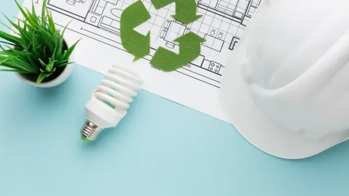 Plano de vivienda con una bombilla de bajo consumo, un símbolo de reciclaje, una planta y un casco blanco