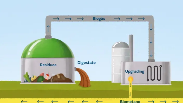 Esquema ilustrado del proceso de producción de biogás y upgrading a biometano a partir de residuos orgánicos.