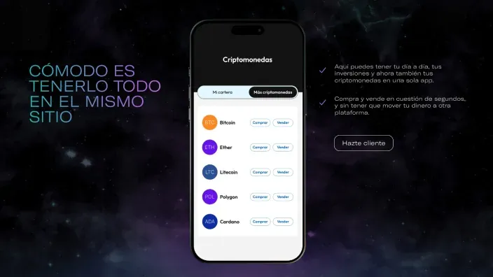 App móvil de Openbank para comprar y vender criptomonedas (Bitcoin, Ether, Litecoin, Polygon, Cardano) desde una sola plataforma bancaria.