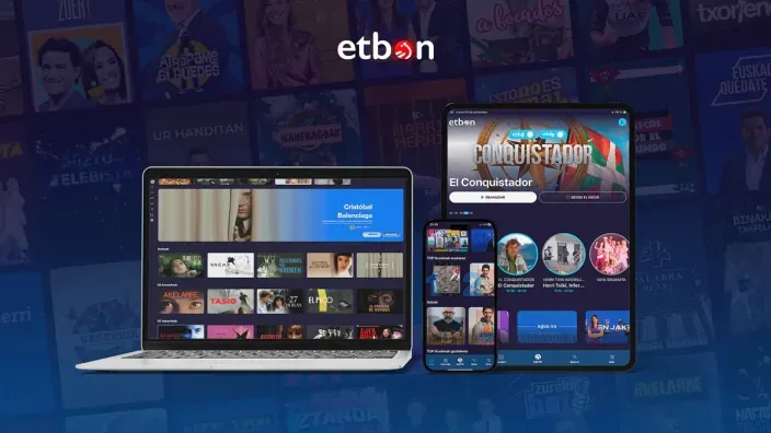 Plataforma de streaming etbon de ETB en portátil tablet y móvil con catálogo de series y películas.