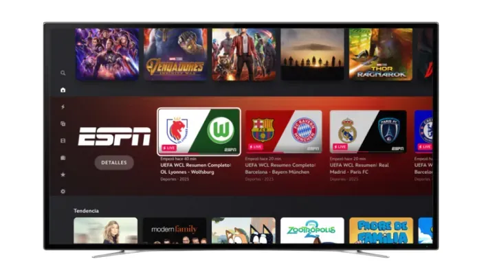 Interfaz de Smart TV con aplicaciones de Disney Plus ESPN y series para disfrutar del mejor cine y deportes en streaming.