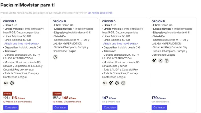 Comparativa de packs miMovistar con fibra, líneas móviles y fútbol incluido con distintos precios mensuales.