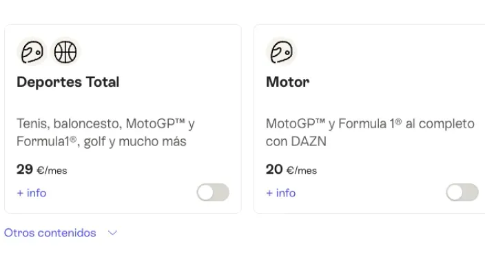 Opciones de paquetes Deportes Total y Motor de Movistar con contenidos como tenis, baloncesto, MotoGP y Fórmula 1.