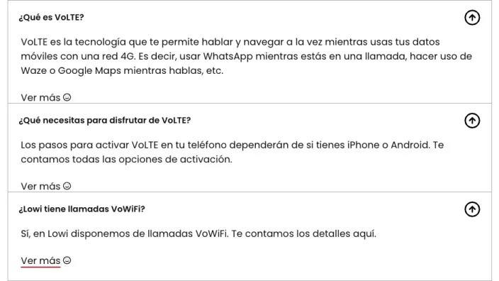 Preguntas frecuentes (FAQ) de Lowi explicando qué es VoLTE y cómo activar las llamadas VoWiFi en la operadora.