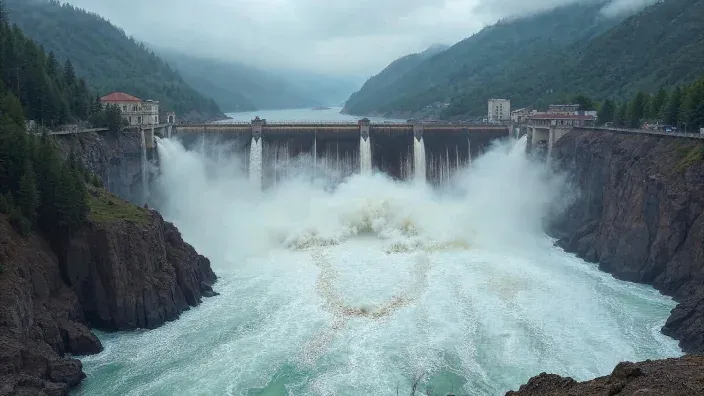 Presa hidroeléctrica liberando gran caudal de agua entre montañas, con fuerte desembalse y niebla sobre el río.