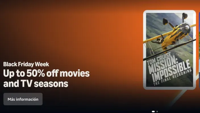 Promoción de Prime Video con descuentos de hasta el 50 % en películas y series durante el Black Friday.