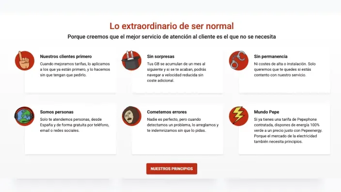 Captura de la web de Pepephone con sus principios: los clientes primero, sin sorpresas, sin permanencia y atención personal.