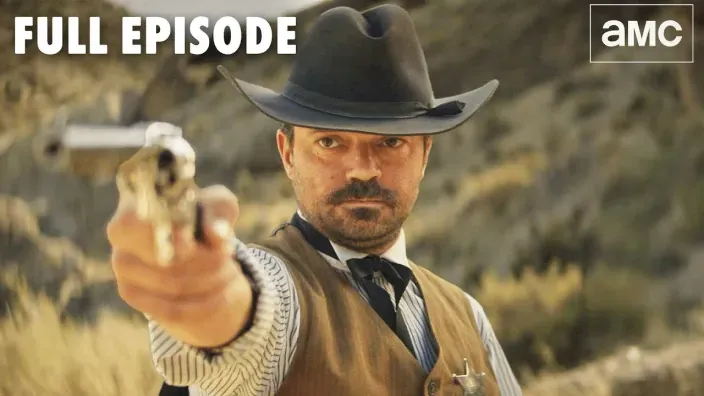 Miniatura de episodio completo de serie western de AMC con vaquero apuntando con un revólver.
