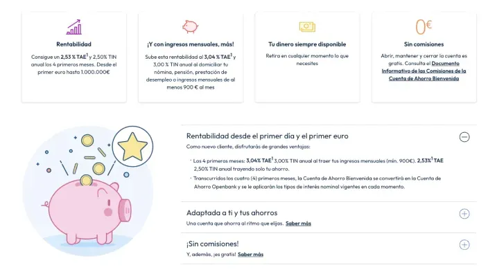 Ventajas de la Cuenta de Ahorro Bienvenida de Openbank: rentabilidad, sin comisiones y dinero disponible.