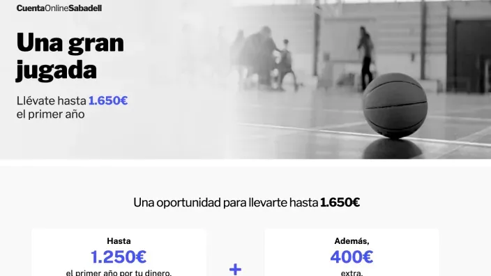 Captura de la promoción de la Cuenta Online Sabadell que ofrece hasta 1.650 euros el primer año.