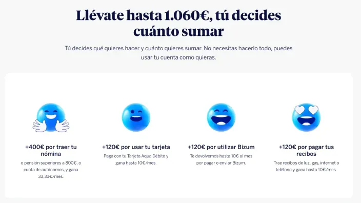 Promoción de BBVA con bonificaciones de hasta 1060 euros por domiciliar nómina, usar tarjeta, utilizar Bizum y pagar recibos