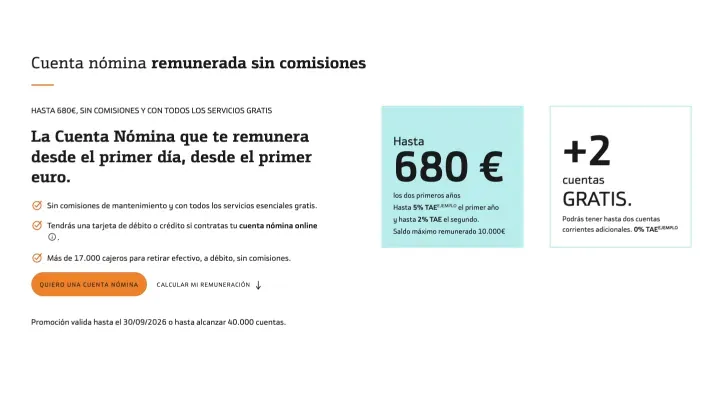 Promoción de una cuenta nómina remunerada sin comisiones con información sobre remuneración y cuentas gratis