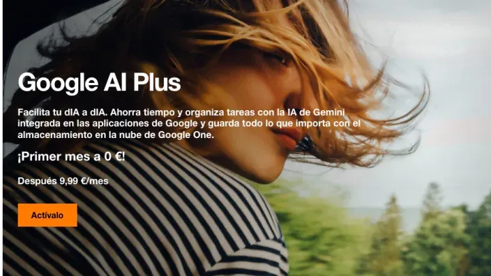 Promoción de Google AI Plus en Orange con información sobre precio y periodo promocional
