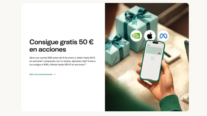 Consigue 50€ gratis en acciones con N26. Promoción de inversión al abrir tu cuenta bancaria antes de Navidad.