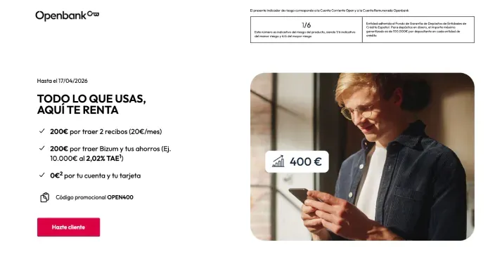 Captura de la web de Openbank con promoción de cuatrocientos euros por traer recibos y Bizum a su cuenta online.