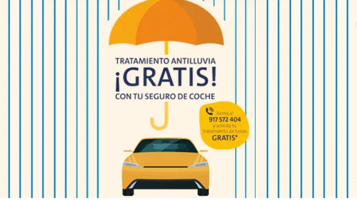Cartel promocional de tratamiento antilluvia gratuito incluido con el seguro de coche de MGS.