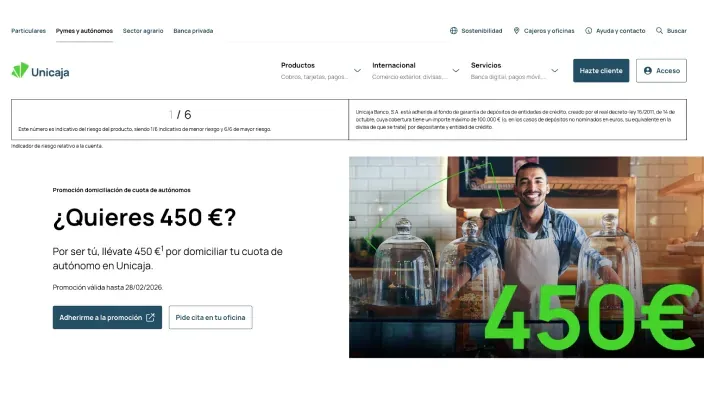 Web de Unicaja con promoción de cuatrocientos cincuenta euros al domiciliar la cuota de autónomos para nuevos clientes del banco.