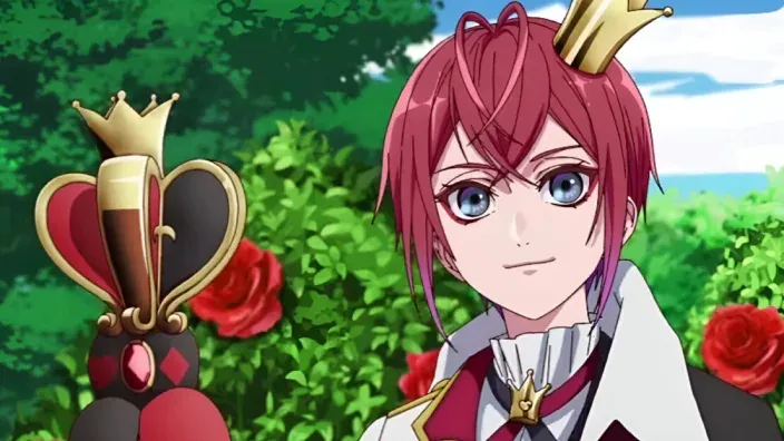 Personaje del anime Twisted Wonderland con corona dorada en un jardín con rosas rojas.