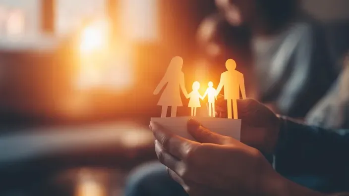 Figuras de papel de una familia sostenidas por manos, representando el cuidado del seguro de vida.