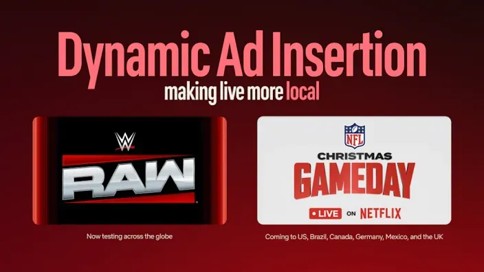 Anuncio de la tecnología Dynamic Ad Insertion de Netflix para publicidad en eventos en directo como WWE Raw y la NFL.