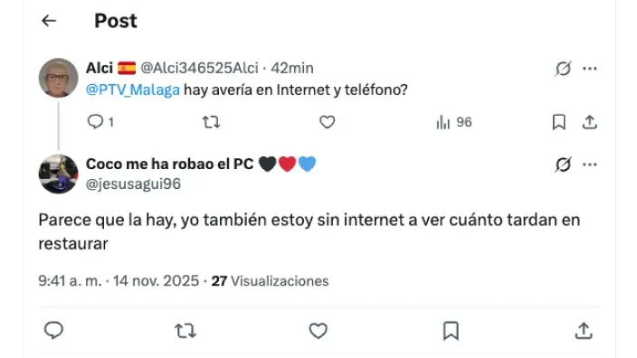 Post de Twitter de un usuario preguntando a PTV Málaga si hay avería de internet y teléfono. Otro cliente lo confirma.