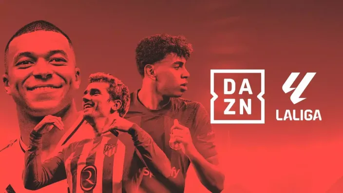 Imagen promocional de DAZN y LaLiga con un collage de futbolistas como Mbappé y Griezmann para ver los partidos.