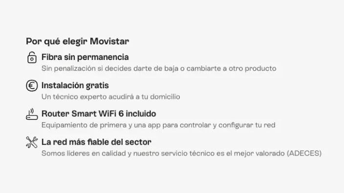 Infografía con los motivos para elegir Movistar: fibra sin permanencia, instalación gratis y la red más fiable del sector.