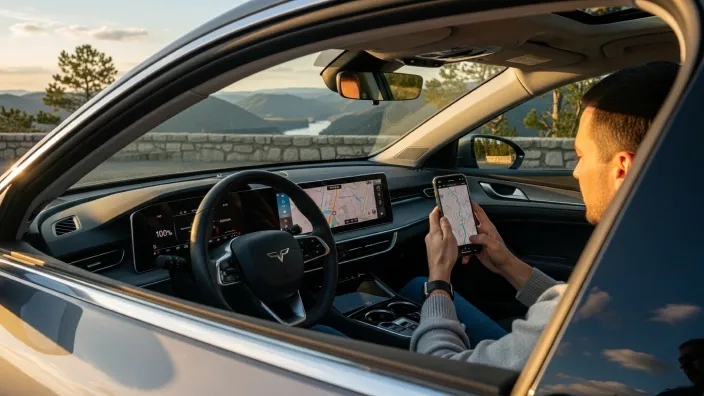 Mujer revisando su móvil mientras carga un coche eléctrico blanco en un punto de carga.
