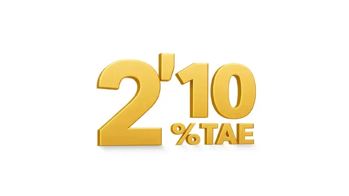 Gráfico en dorado destacando una rentabilidad del 2,10% TAE en producto de ahorro.