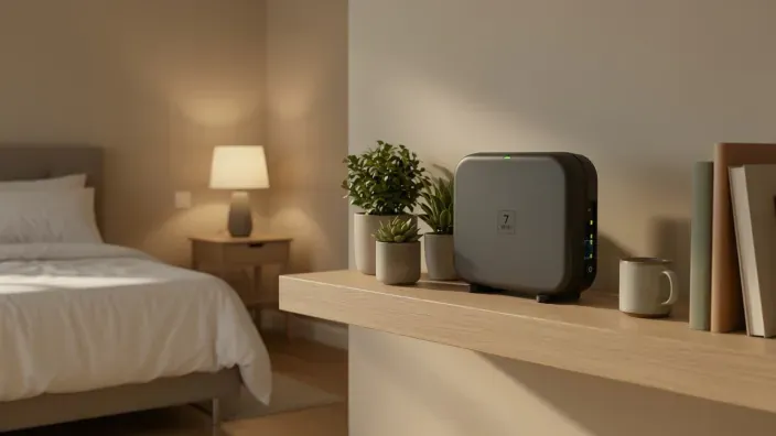 Repetidor Wi-Fi 7 sobre una estantería de madera en un dormitorio para conectividad de fibra óptica en el hogar.