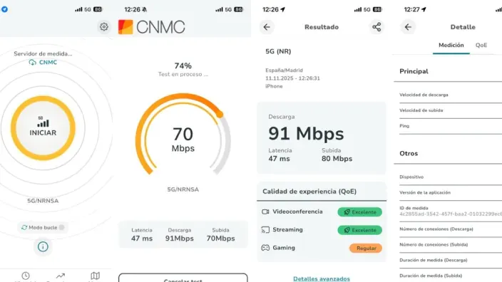 Pantallas de la aplicación de la CNMC mostrando resultados de velocidad 5G, latencia y calidad de conexión.