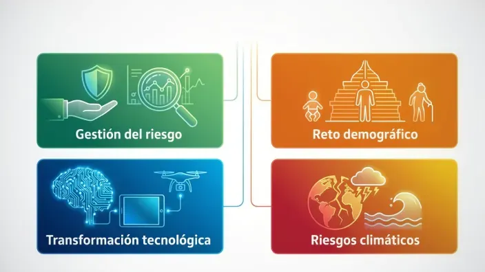 Infografía sobre gestión del riesgo reto demográfico transformación tecnológica y riesgos climáticos en el sector seguros.