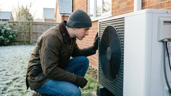 Hombre revisando una unidad de aerotermia exterior. Mantenimiento de bomba de calor para calefacción eficiente.